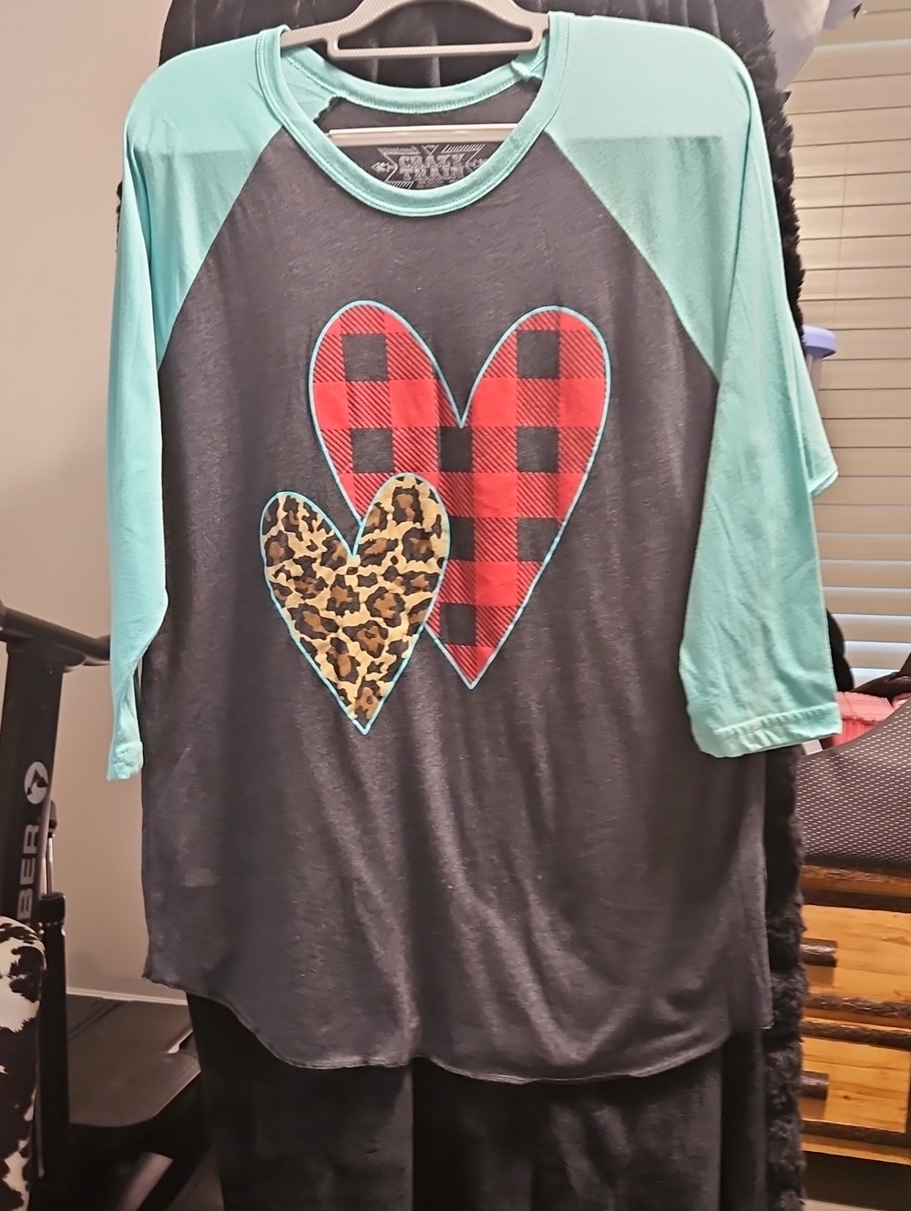Crazy Train Turquoise Raglan Long Sleeve Tee with Buffalo Plaid & Leopard Hearts